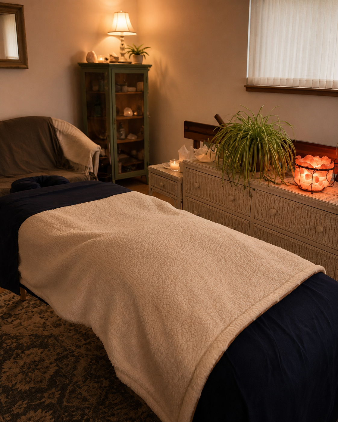 Calm massage treatment room at Transformations Massage & Wellness in Tolland, Connecticut